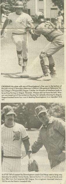 Top: Billy Dague safe at home; Bottom: Pitcher Tim Hardy with Coach Houp