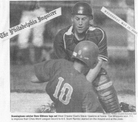Downingtown Catcher Dave Gibbons tags out West Chester East's Steve Hawkins at home. Photo by Michael Perez, Inquirer Suburban Staff